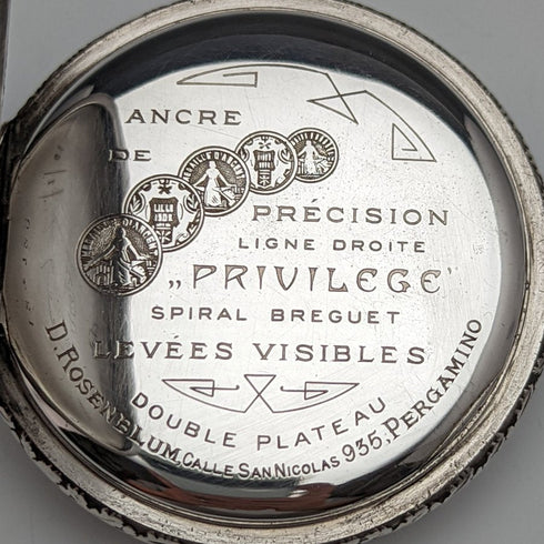 古董瑞士 PRIVILEGE 保齡球雕刻銀色側懷錶,工作狀況良好