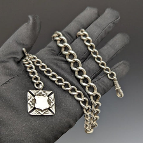 1900 年左右英國古董純銀(925 銀)Albert 鏈條超厚 73 克純銀雙面鏈扣