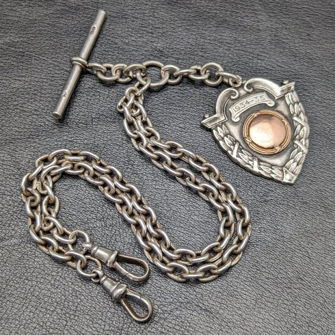 1920 年左右英國古董純銀(925 銀)雙阿爾伯特鏈 52 克純銀徽章 Fob