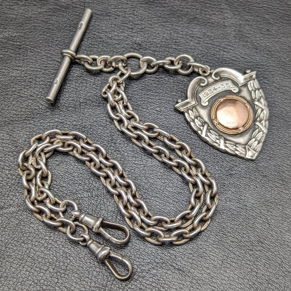 Around 1920 British Antique Pure Silver (925 Silver) Double Albert Chain 52g Pure Silver Emblem Fob