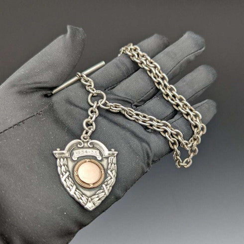 Around 1920 British Antique Pure Silver (925 Silver) Double Albert Chain 52g Pure Silver Emblem Fob
