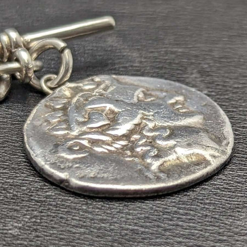 1900年頃 英国アンティーク 純銀(925シルバー)アルバートチェーン 62g ローマ銀貨フォブ