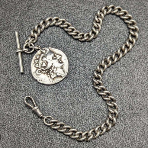 1900年頃 英国アンティーク 純銀(925シルバー)アルバートチェーン 62g ローマ銀貨フォブ