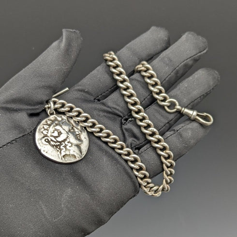 1900 年左右英國古董純銀(925 銀)Albert Chain 62 克羅馬銀 Fob