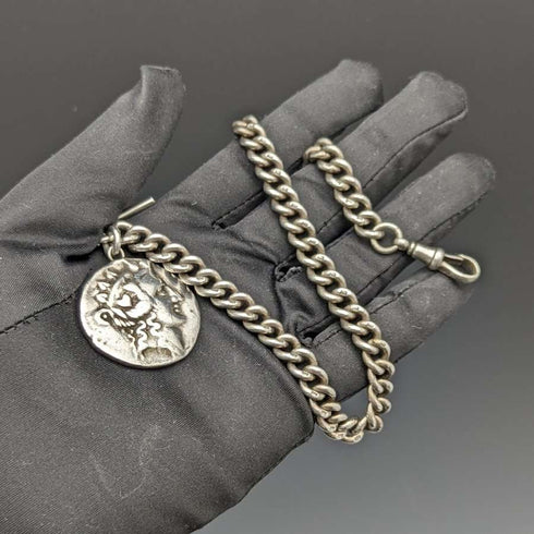1900年頃 英国アンティーク 純銀(925シルバー)アルバートチェーン 62g ローマ銀貨フォブ