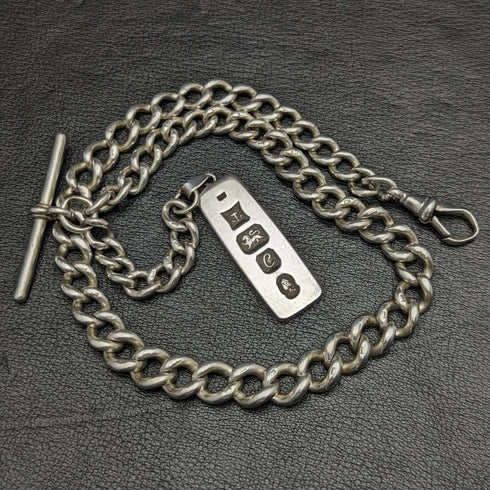 Antigua cadena Albert de plata de ley (925) extra gruesa, Reino Unido, circa 1900, 75 g, con lingote de plata pura.