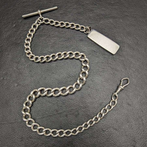 Antigua cadena Albert de plata de ley (925) extra gruesa, Reino Unido, circa 1900, 75 g, con lingote de plata pura.