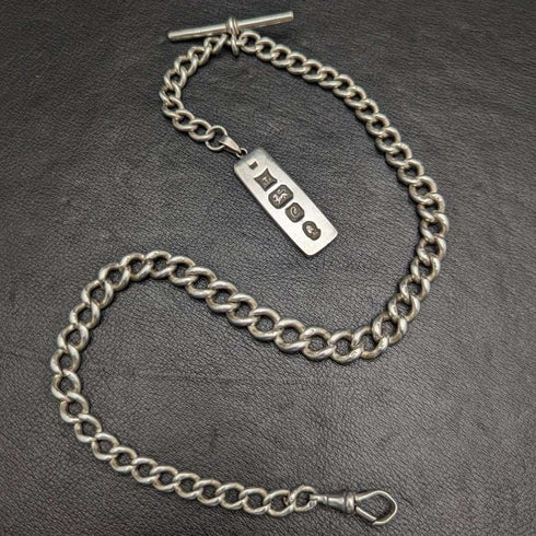Antigua cadena Albert de plata de ley (925) extra gruesa, Reino Unido, circa 1900, 75 g, con lingote de plata pura.