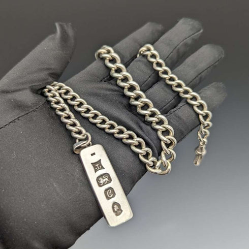 Antigua cadena Albert de plata de ley (925) extra gruesa, Reino Unido, circa 1900, 75 g, con lingote de plata pura.
