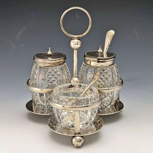 1902년경 영국 앤티크 순은 & 컷 글라스 양념통 세트 366g ELKINGTON & Co