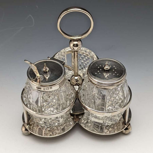1902년경 영국 앤티크 순은 & 컷 글라스 양념통 세트 366g ELKINGTON & Co