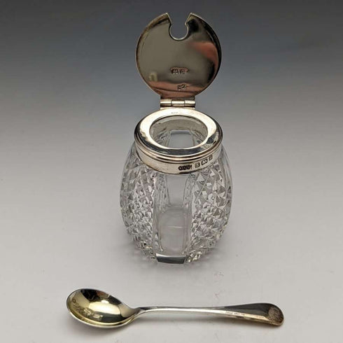 1902년경 영국 앤티크 순은 & 컷 글라스 양념통 세트 366g ELKINGTON & Co