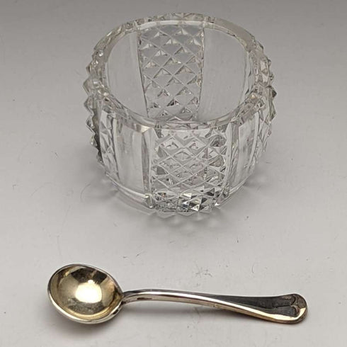 1902년경 영국 앤티크 순은 & 컷 글라스 양념통 세트 366g ELKINGTON & Co