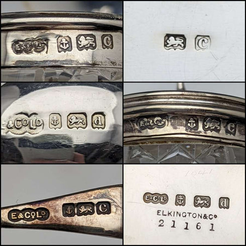 1902년경 영국 앤티크 순은 & 컷 글라스 양념통 세트 366g ELKINGTON & Co