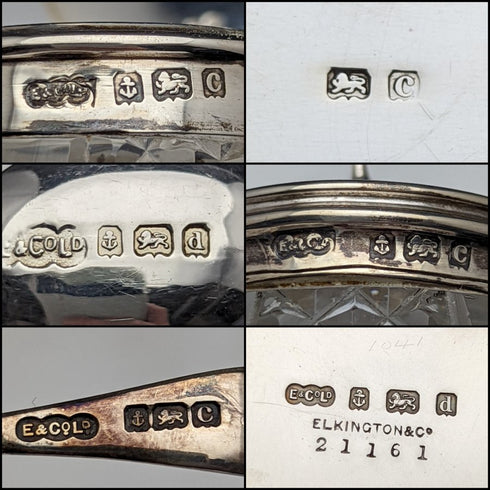 1902 年左右英國古董純銀和切割玻璃調味料套裝 366 克 ELKINGTON & Co