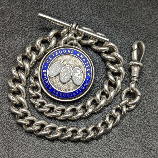 Cadena Albert de plata maciza (925) extra gruesa, antigüedad británica de la década de 1920, 75 g, con medalla fob