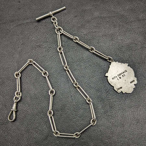 Cerca de 1920, cadena Albert antigua británica de plata esterlina (plata 925), 37 g, con medalla de dije