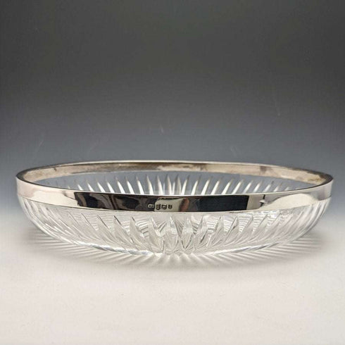1909年 英国アンティーク 純銀装飾 大型カットグラスボウル 1265g Henry Manton