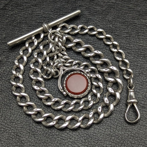 1900 年左右英國古董純銀阿爾伯特鏈 41 克 2 色天然寶石旋轉表扣