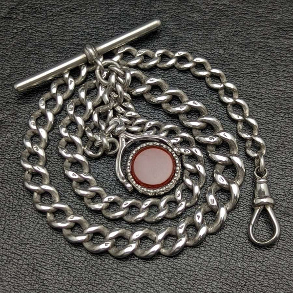 Around 1900 British Antique Pure Silver Albert Chain 41g 2 Color Natural Stone Rotating Fob