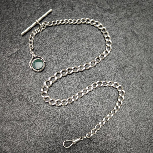 1900 年左右英國古董純銀阿爾伯特鏈 41 克 2 色天然寶石旋轉表扣