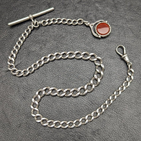 1900 年左右英國古董純銀阿爾伯特鏈 41 克 2 色天然寶石旋轉表扣