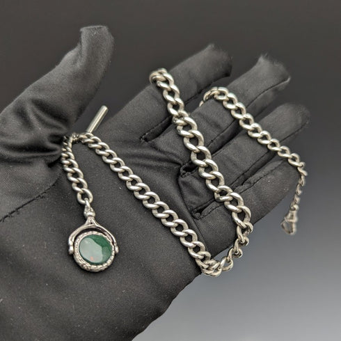 1900 年左右英國古董純銀阿爾伯特鏈 41 克 2 色天然寶石旋轉表扣