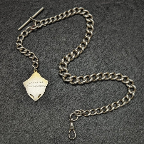 1900年頃 英国アンティーク 純銀極太アルバートチェーン 80g メダルフォブ