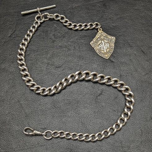 1900年頃 英国アンティーク 純銀極太アルバートチェーン 80g メダルフォブ