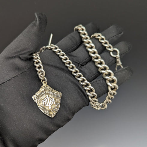 1900年頃 英国アンティーク 純銀極太アルバートチェーン 80g メダルフォブ