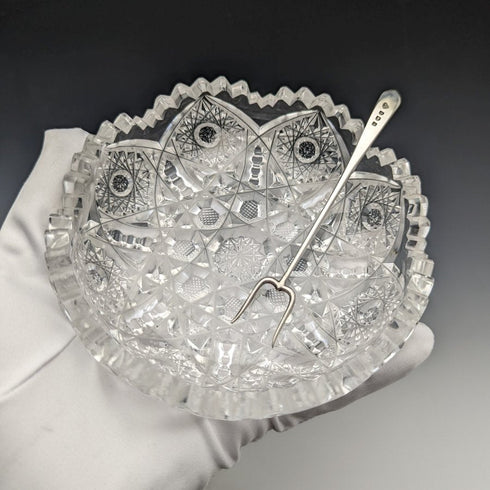 1925 年英國復古切割玻璃碗一對純銀叉子套裝盒裝阿迪兄弟