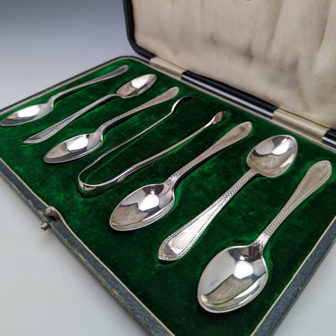 1916年頃 英国アンティーク 純銀(925シルバー) ティースプーン6本&シュガートングセット ケース入り Walker & Hall
