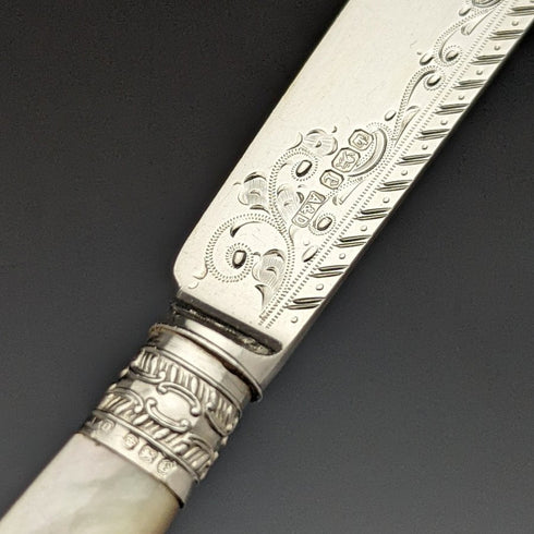 1897年 英国アンティーク 純銀(925シルバー)ブレード MOPハンドル フィッシュカトラリー4x2セット Allen & Darwin 箱入り