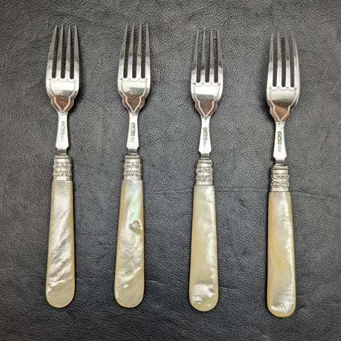 1897年 英国アンティーク 純銀(925シルバー)ブレード MOPハンドル フィッシュカトラリー4x2セット Allen & Darwin 箱入り