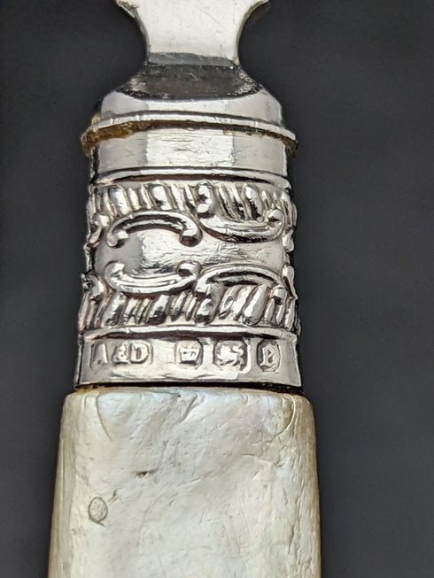 1897年 英国アンティーク 純銀(925シルバー)ブレード MOPハンドル フィッシュカトラリー4x2セット Allen & Darwin 箱入り