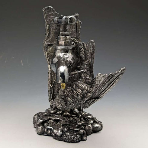 Sterling Silver Sculpture Little Bird and Faucet Figurine 567g Height 15cm UK Country Artists