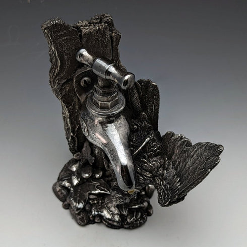 純銀雕塑小鳥和水龍頭小雕像 567 克高 15 厘米英國鄉村藝術家