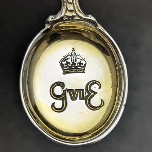 Par de cucharas conmemorativas de la coronación de Jorge VI, plata de ley (925) vintage británica de 1937, Barnard & Sons