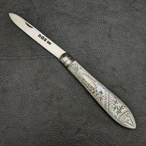 1895 British Antique White Pearl Shell Handle Pure Silver Blade Folding Pen Knife Mappin Brothers