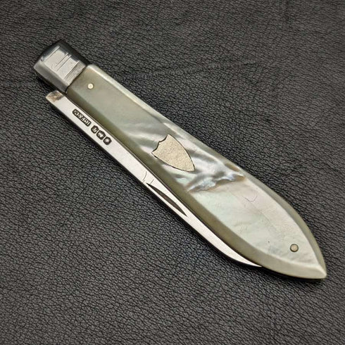 1926 British Vintage White Pearl Shell Handle Pure Silver Blade Folding Pen Knife Harrison Fisher