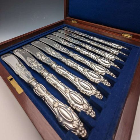 1850 年左右英國古董銀盤刀 x9 套裝 Harrison Brothers & Howson 盒裝