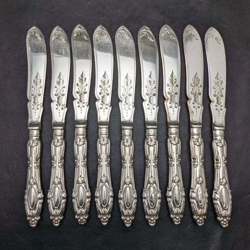 1850 年左右英國古董銀盤刀 x9 套裝 Harrison Brothers & Howson 盒裝