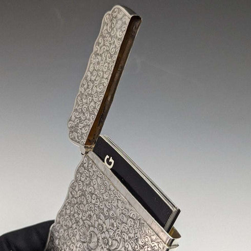 1884年 英国アンティーク 純銀(925シルバー)フローラル彫刻 カードケース 68g George Unite