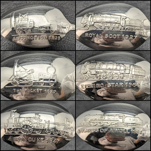 1979 Made in England Pure Silver (925 Silver) Locomotive Engraving Set of 6 Teaspoons C&C Co Case