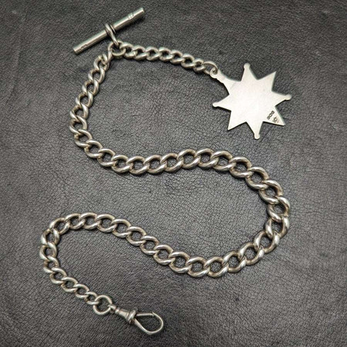 Cadena Albert de plata esterlina (925) antigua británica de alrededor de 1900, 55 g, con medalla tipo fob