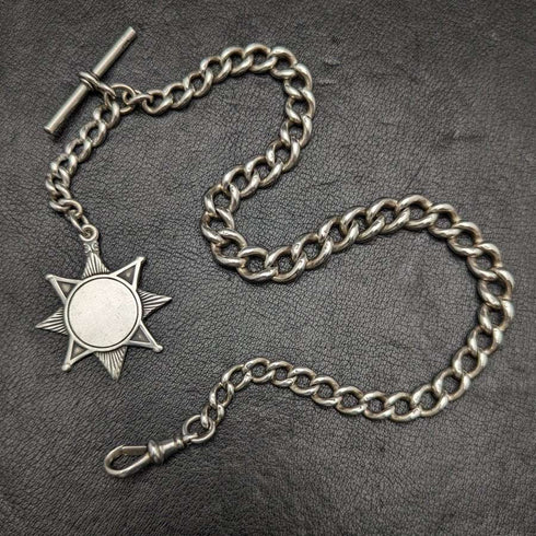 Cadena Albert de plata esterlina (925) antigua británica de alrededor de 1900, 55 g, con medalla tipo fob
