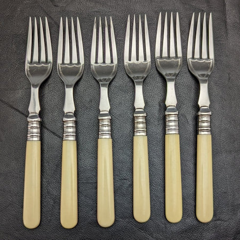 British antique resin handle silver plate fish cutlery 6x2 & server set in wooden box