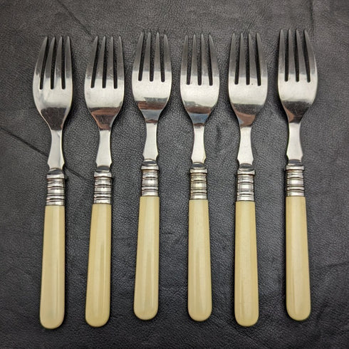 British antique resin handle silver plate fish cutlery 6x2 & server set in wooden box