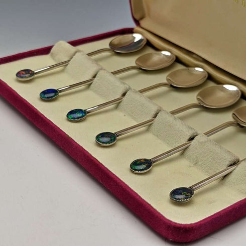 Juego de 6 cucharillas de té de plata de ley vintage con decoración de ópalo, en estuche