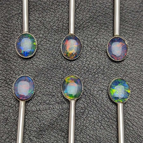Juego de 6 cucharillas de té de plata de ley vintage con decoración de ópalo, en estuche